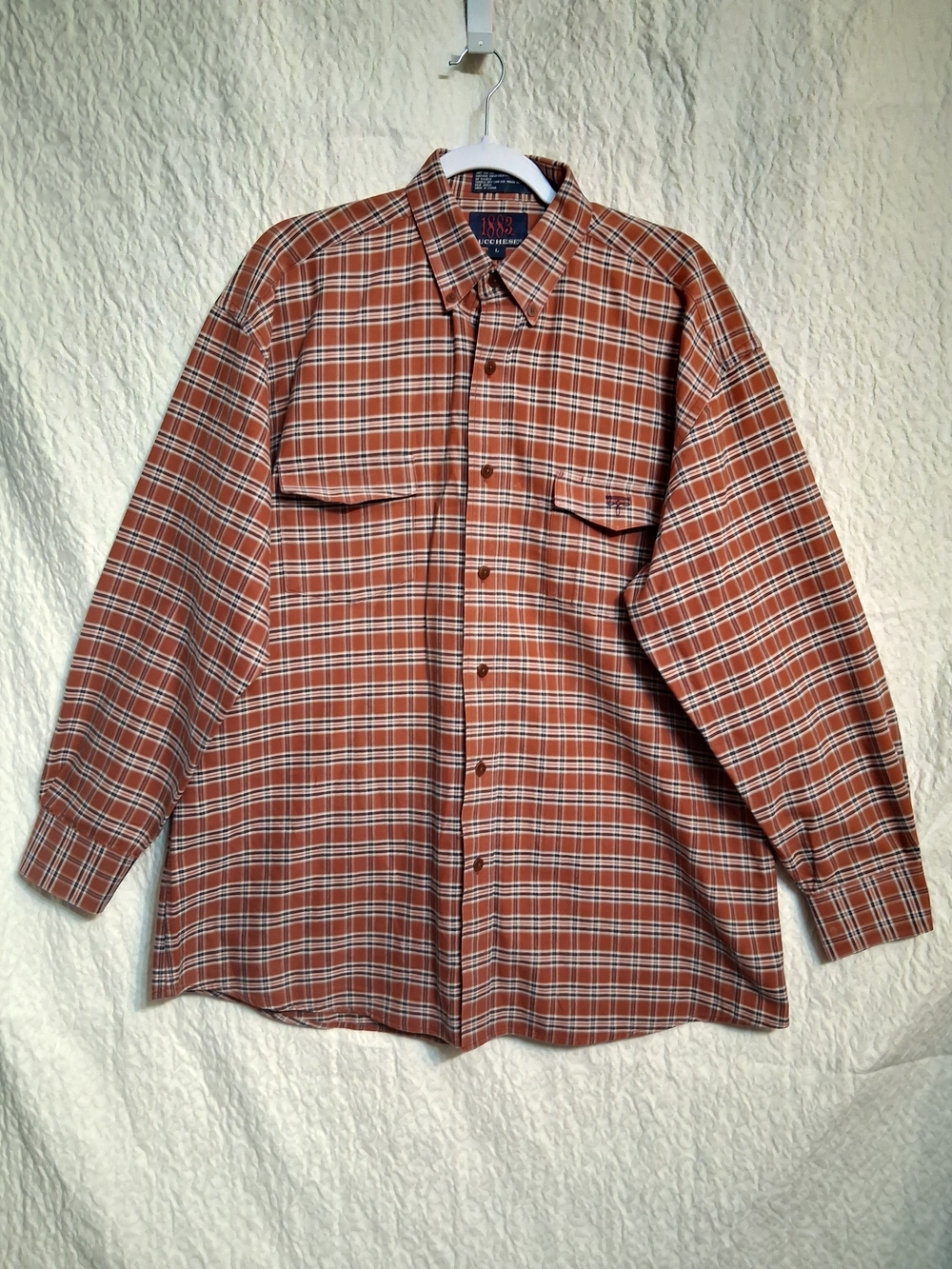 Lucchese 1883 Rust Plaid Button-Up Shirt with Navy and Cream Lines